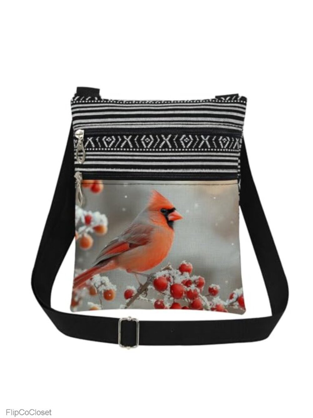 Cardinal Bird Crossbody Bag Polyester Adjustable Strap Double Zipper